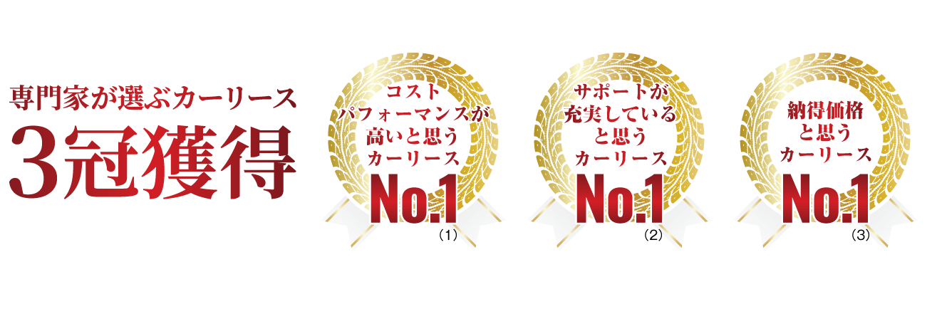 定額カルモくんが「専門家が選ぶカーリース」で3冠を獲得していることを表す図。具体的には、ファイナンシャルプランナーやカーディーラー勤務者へのアンケートで、「コストパフォーマンスが高いと思うカーリース」1位、「サポートが充実していると思うカーリース」1位、「納得価格と思うカーリース」1位を獲得しています。